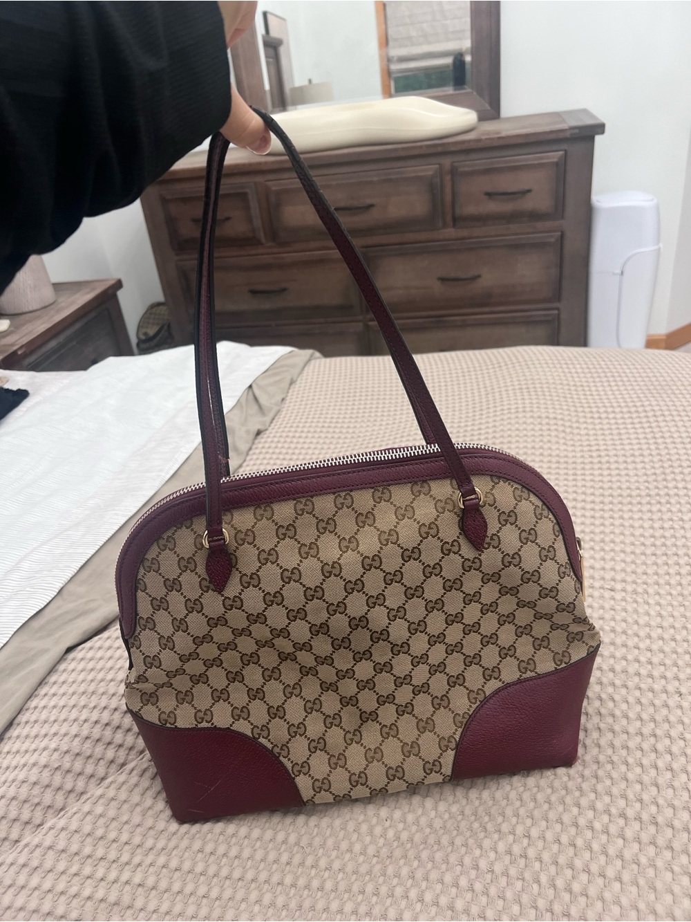Gucci Beige GG Canvas Shoulder Bag with Burgundy Leather Trim